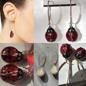 ❤️NWT Betsey Johnson Glitter Red Ladybug Drop Earrings Gold Tone Crystal Sparkle